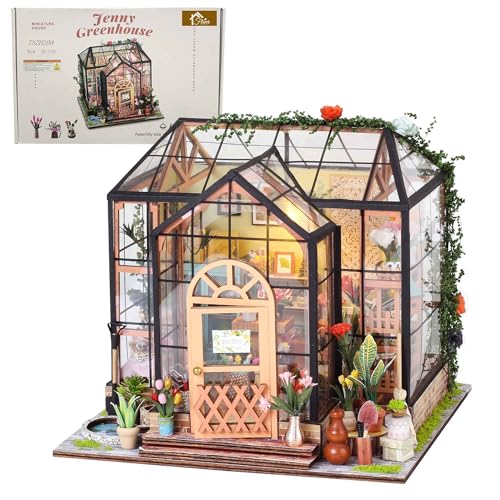 Flever DIY Miniature House Kit, Tiny Home Kit with LED Light, Mini House Build Craft Kits for Adults and Teens, Home Decor Creative Gift for Family/Friends (Jenny' s Greenhouse)