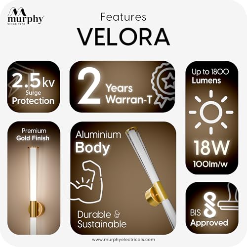 Image of Murphy VELORA 18W LED Mirror Light, 3C Color Changing (CW /WW /NW), Golden Finish, Wall Mounted Vanity & Picture Light for Bathroom & Dressing, Modern Indoor Light, 2 Year Warranty, Pack of 2