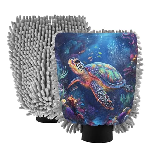 Flradish 2 Pack Sea Turtle Car Wash Mitt Chenille Microfiber Lint-Free Scratch Free Ultra-Soft Absorbent Car Wash Mitt 11.8x8.07 Inch