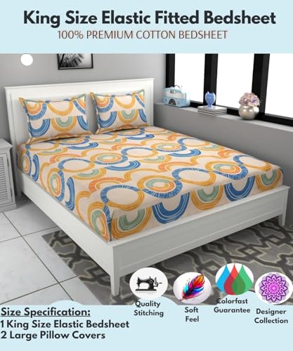 Image of 300 Tc Bedsheet for Double Bed King Size 78x72 Inches with 2 Standard Size 17x27 Inches Pillow Covers 8 Inches Mattress with Deep Pocket - Mix Circle Pattern Printed, cotton