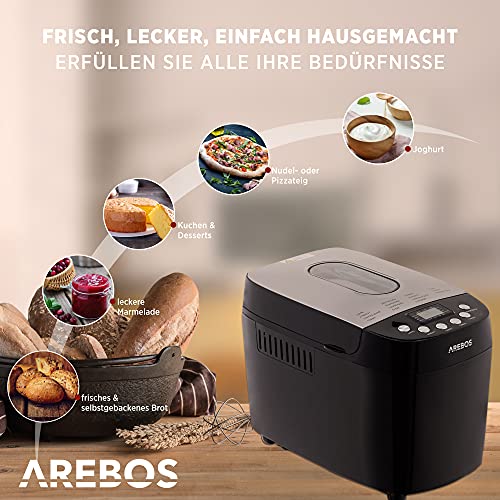 Arebos Brotbackautomat 1500g | mit 15 Programmen | 2 Knethaken | Timer | LCD Display | 3 Bräunungsgrade und Brotgrößen | 850 W | Schwarz – Bild 3