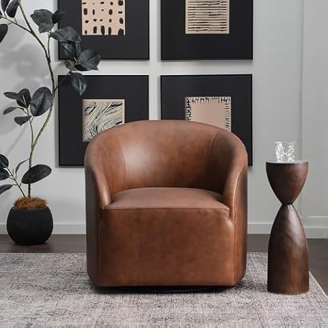 KINWELL 32'' W 100% Top Grain Genuine Leather Swivel Barrel Armchair, Modern Round No Assembly Accent Chair for Living Room Bedroom, Office (Brown) Cover