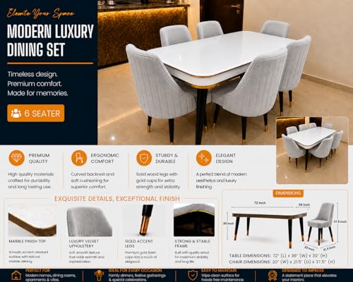 Image of WOODEN SPACE 6-Seater Wooden Dining Table Set | Nano Composite Marble Top | Solid Wood Base | Modern Dining Room Furniture with 6 Chairs (Light Grey Infinity Backline)