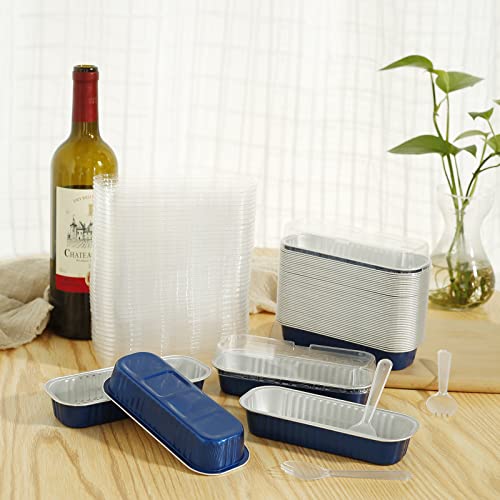 50Pcs Mini Cake Pans with Lids and Spoons 200ml Non-Stick Foil Baking Pans Tins Reusable Aluminum Foil Loaf Pans Rectangular Foil Bread Container Portable Baking Cupcake Liners for Home Kitchen