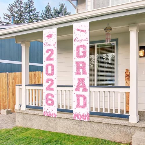 Image of 2026 Graduation Decorations, Light Pink Graduation Banner Class of 2026, Hanging Congratulations /Congrats Grad Porch Banner for Door Schools Grad Party Decorations Pink