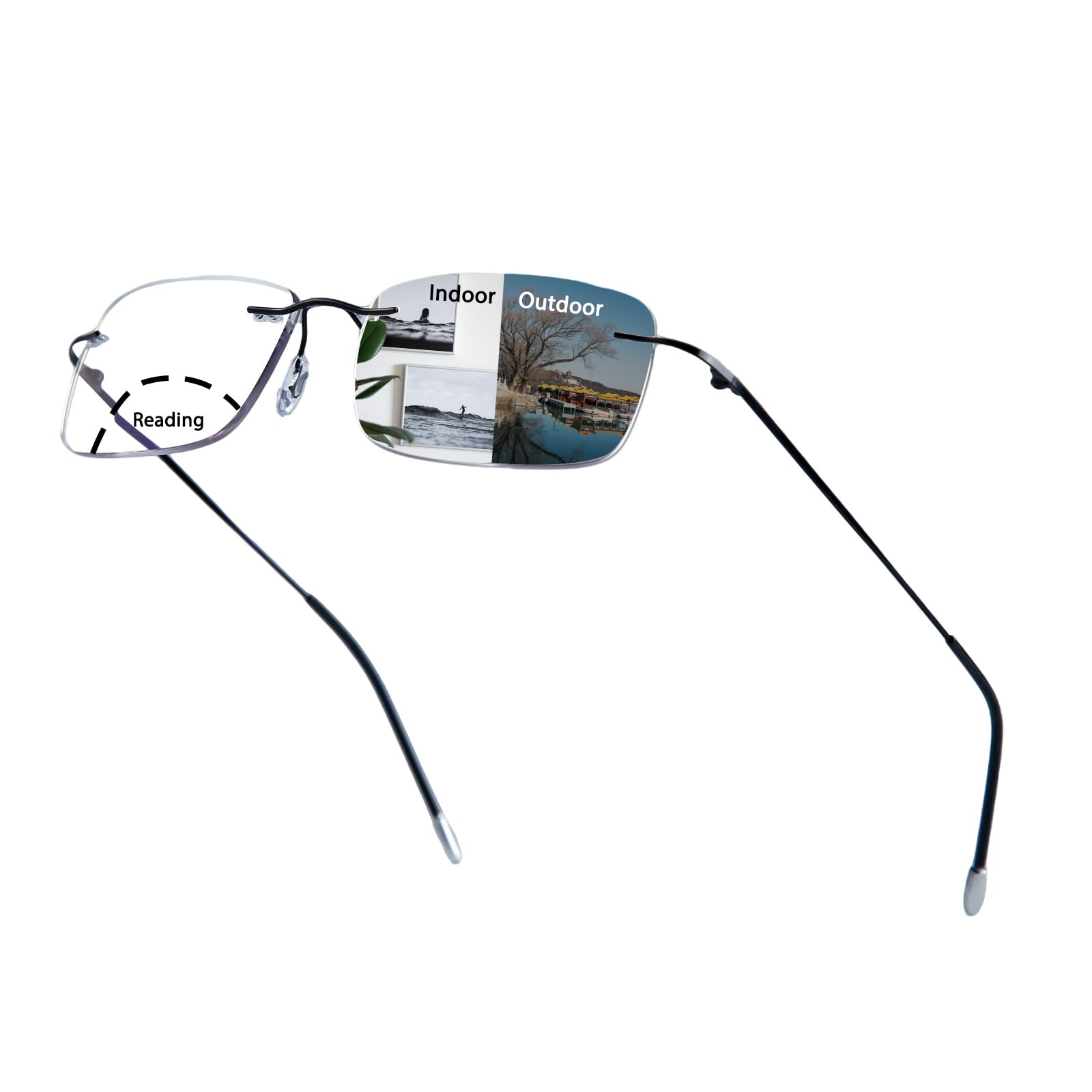 UXAOSVME Rimless Transition Photochromic Bifocal Reading Glasses For Men and Women UV Protection Sunglasses Readers Titanium 2.0
