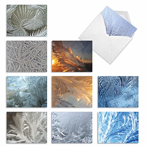 Image of The Best Card Company - 10 Blank Christmas Note Cards with Envelopes (4 x 5.12 Inch) - Fun Assorted Holiday Notecard Set (Not Foil, Layered, or Sparkled) - Ice Feathers M3283