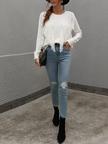 Image of Women's Casual Crewneck Fringe Tassels Crochet Long Sleeve Knitted Fall Sweater Pullover Tops