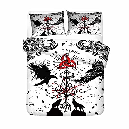 RFFLUX 3D Microfibre Housse de Couette Viking 200x200 cm 2 Personnes 3 Pièces Ultra Doux Viking Corbeau Parure de Lit avec Fermeture éclair Enfant GarçOn avec 2 Taies d'Oreillers 50x75 cm Cover