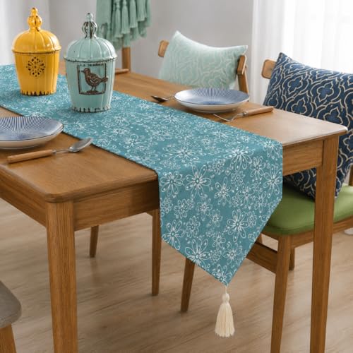 Image of STITCHNEST 'Nomad Weave Collection' Jacquard Table Runner 13x60 Inches| Tassel Finish | Modern Dining Table Decor