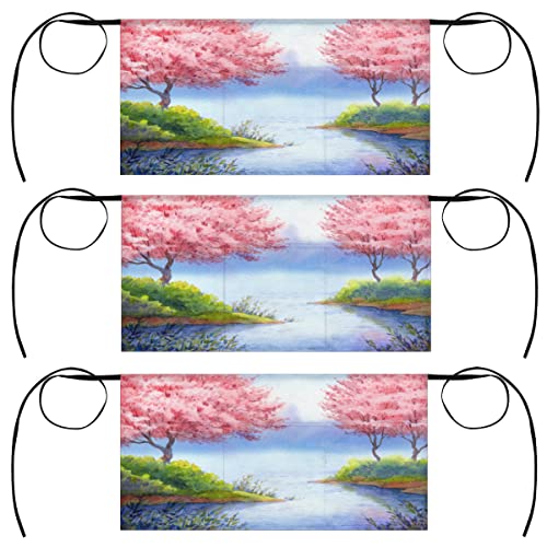 bisibuy Pink Flower Tree 3 Pack Server Aprons with 3 Pockets, River Landscape Waitress Waiter Wasit Apron for Women Men Restaurant Bistro Cafe Bars Half Aprons Waitress Server Accessories