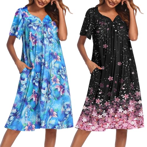 Image of Ekouaer 2 Pack House Dresses for Women with Pockets Short Sleeve Moo Moos Floral Print Mumu Dresses