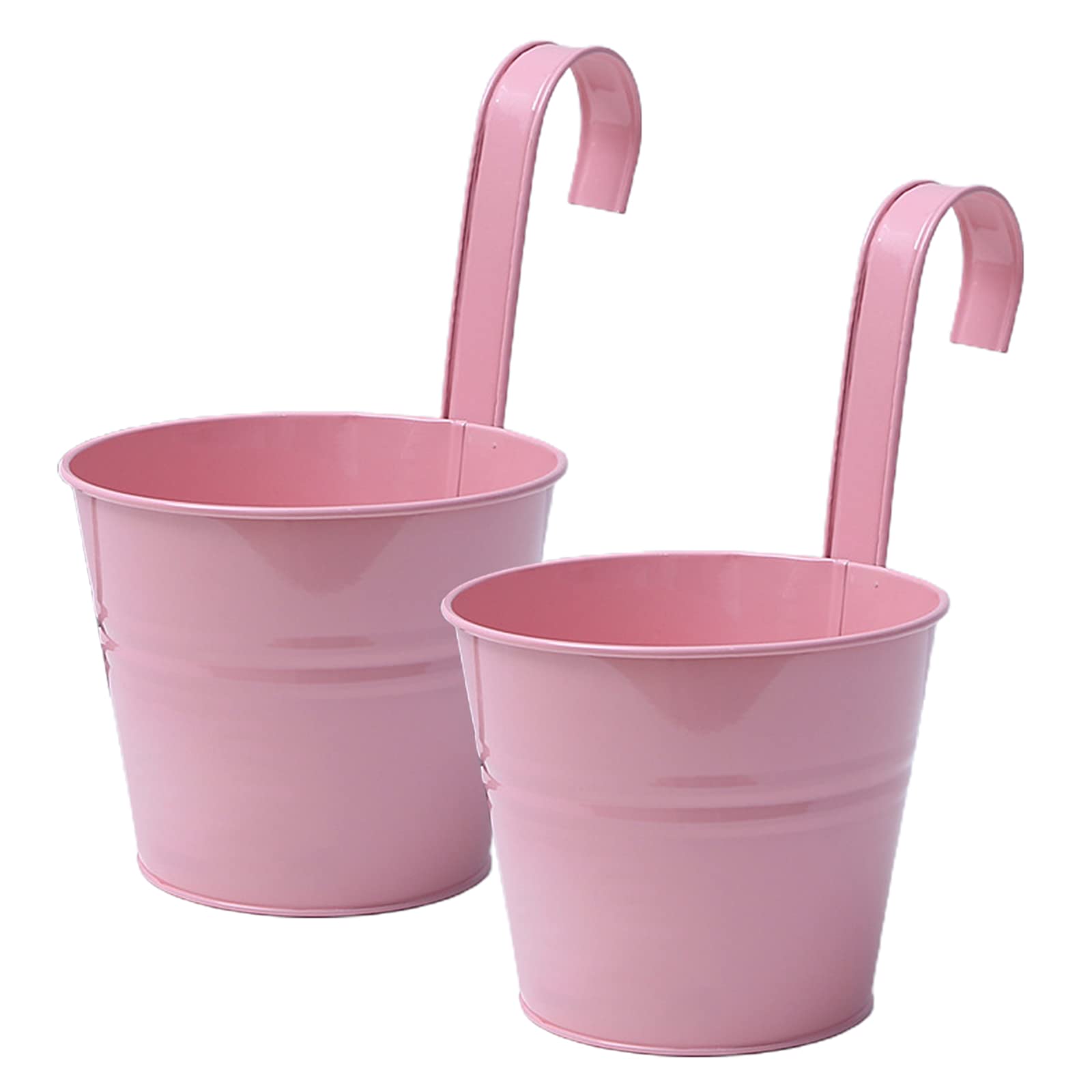 ZXCFTG 2pcs Metal Iron Hanging Flower Pots 4 x 6In Balcony Garden Plant Planter Baskets Fence Bucket Pots Flower Holders with Detachable Hook and Drainage Hole for Railing Fence Patio, Pink