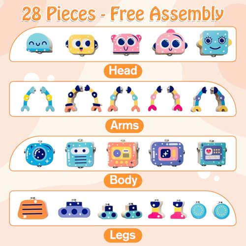 Robots Wooden Snap-Together Building Toys – 28-Piece STEM Montessori Educational Blocks for Toddlers Ages 3–6 | Fine Motor Skills Development | Safe, Durable, Creative Robot Toys Gift for Kids - Image 4