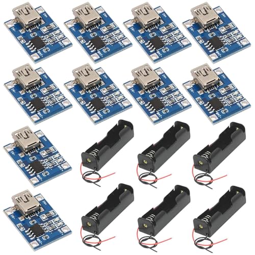 GTIWUNG 10 Piezas Placa de Carga del Módulo del Cargador de Batería de Litio Mini USB 5V 1A 18650 + 6 Piezas 3.7V 18650 Caja de Soporte de Batería, Ranura única
