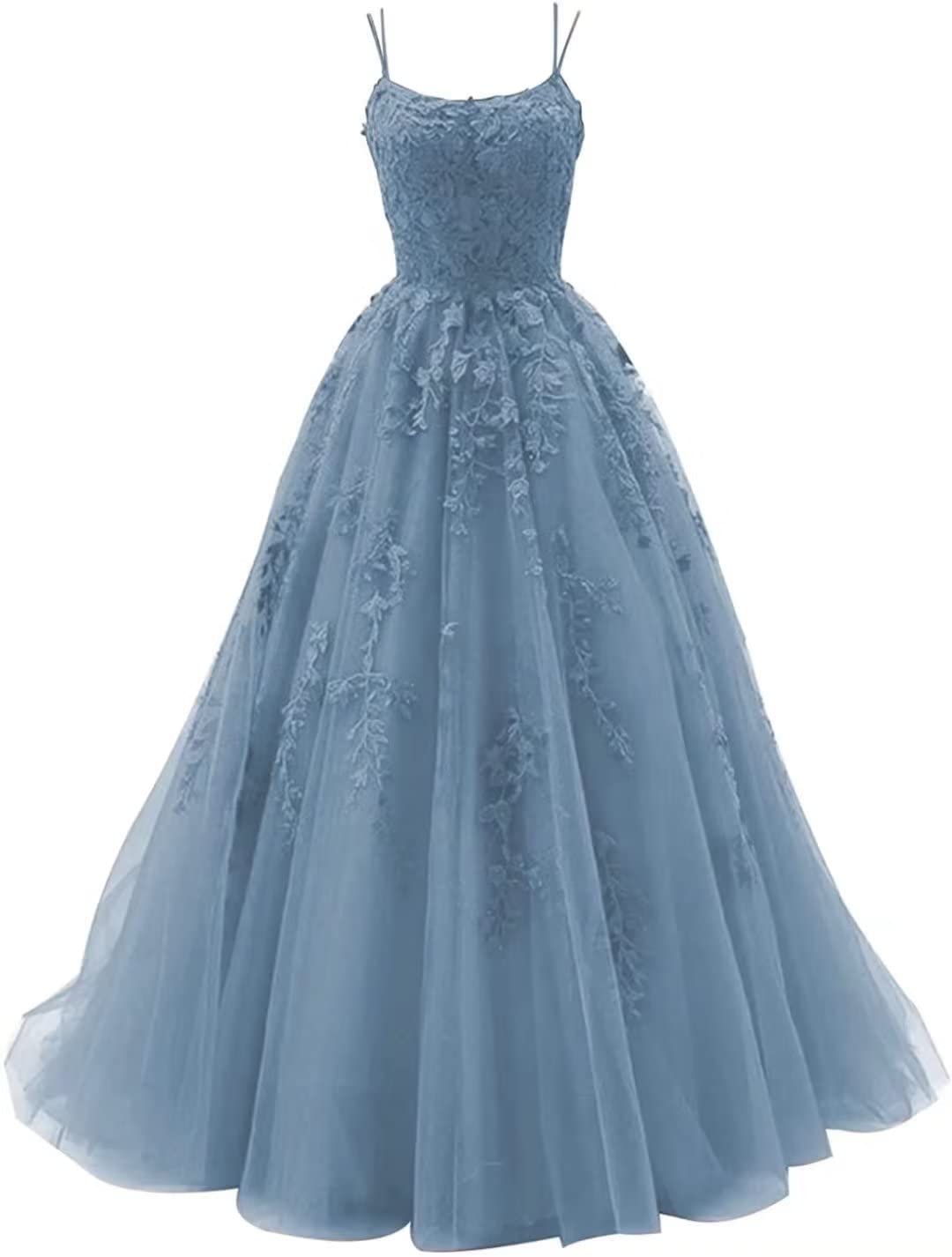 Sincemeet Vestidos de Fiesta de Tul con Tirantes Finos de Mujer Vestido Largo con Apliques de Encaje Vestidos de noche Formales