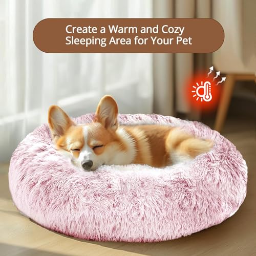 Image of JOLLYVOGUE Calming Dog Bed Medium Size Dog, 31in Donut Washable Medium Pet Bed, Anti-Slip & Anti-Anxiety Fluffy Faux Fur Round Dogs Bed, Fits up to 45 lbs Pets (Smoke Pink)