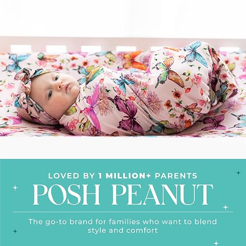 Image of Posh Peanut Swaddle Blanket & Headband Set - Viscose from Bamboo Stretchy Baby Swaddle for Newborn Girls, Receiving Blanket or Nursing Cover (Watercolor Butterfly)