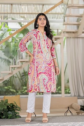 Image of Women's Cotton Straight Kurti with Geometric Print, 3 /4 Sleeves, Lace Trim Detail, Regular Fit, Casual Wear