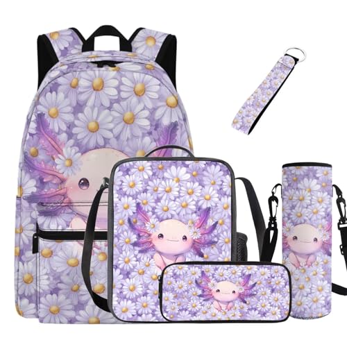 Suobstales Purple Axolotl Daisy Print 5 Pack Kids Backpack with Lunchbox for Toddler Kindergarten School Bag Set with Pencil Case Water Bottle Sleeve Keychain Middle-School Elementary Bookbags