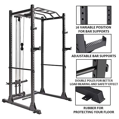 papababe Power Cage with LAT Pulldown 1200-Pound Capacity High Capacity Power Rack Home Gym Equipment