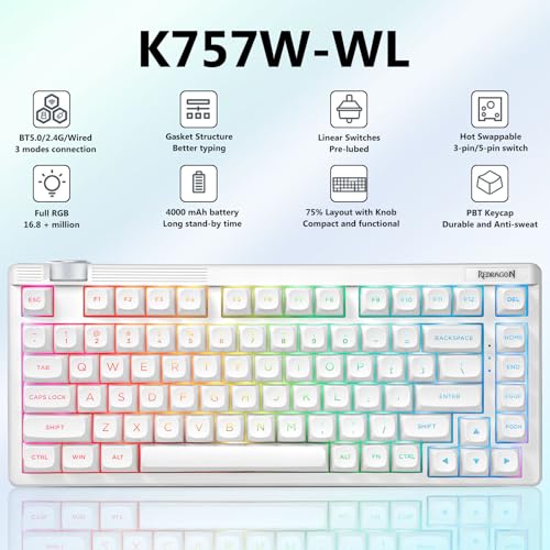 Image of Redragon Wireless Mechanical Keyboard Creamy, Custom 75% Design, White