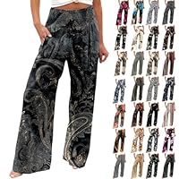 Pantaloni da Donna a Gamba Larga Elasticizzati a Vita Alta Pantaloni da Spiaggia in Cotone Lino Pantalone Estivi a Palazzo (a21-Marina Militare, XXL)
