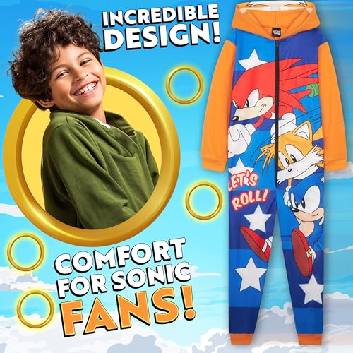 Sonic The Hedgehog One-Piece Pajamas for Boys, Fleece Jumpsuit with Hood, Tails, Zip Sleepwear, Loungewear, Gifts for Kids3