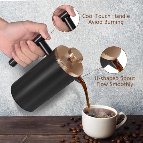Image of Black Large French Press Coffee Maker 50oz, Double Wall Insulated French Press Stainless Steel,for Coffee&Tea,with 3 Extra Screens and a Coffee Spoon, 50oz /1500ml, Gold