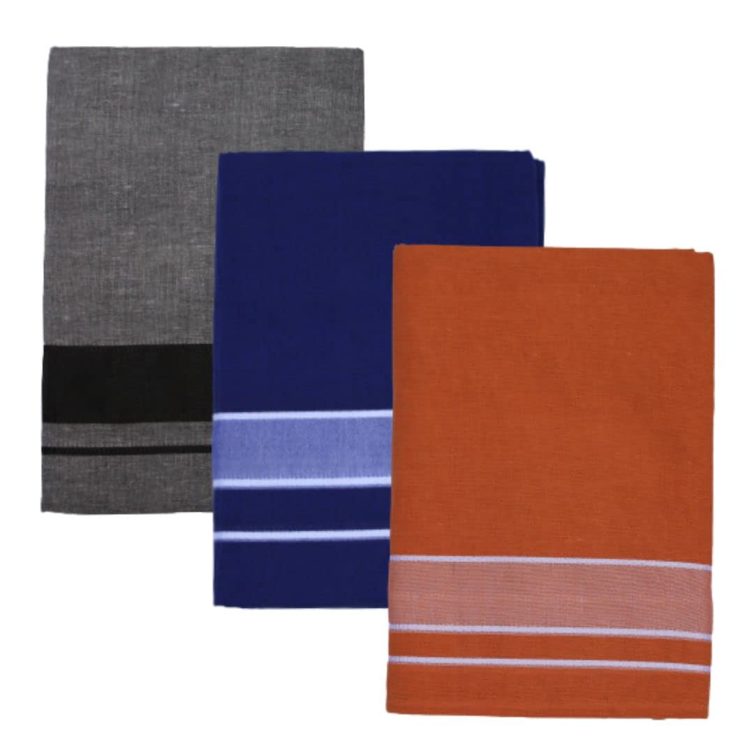 Multicolor Kerala style (Mundus) Dhotis for Men Light Kaavi (saffron), Grey and Blue (Free Size Assorted) Lungi Veshti (Kaili) Pack of 3