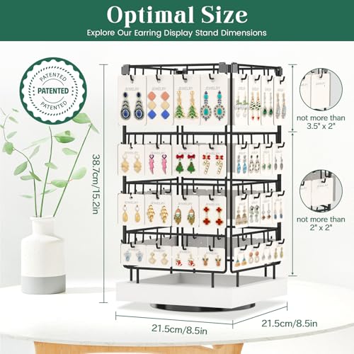 Image of EsLuker.ly Rotating Earring Display Holder Stand for Vendors Events Selling, Large Capacity 64 Hooks Jewelry Rack with Wooden Base for Earring Card Sales, Enhances Retail Display Visibility