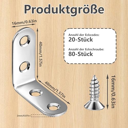 20 Stück Winkel Metall Winkelverbinder Metallwinkel 90 Grad 40X40mm (4 Löcher) Edelstahl Möbelwinkel Kleine Winkel Mit 80 Schraube für Verstärken Holzmöbel Tische Stühle Schränke