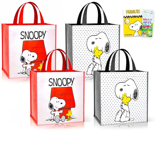 Peanuts Tote Bags for Kids, Adults - 7 Pc Bundle with 4 Snoopy and Charlie Brown Tote Bags Plus Tattoos, More | Snoopy Gifts for Kids