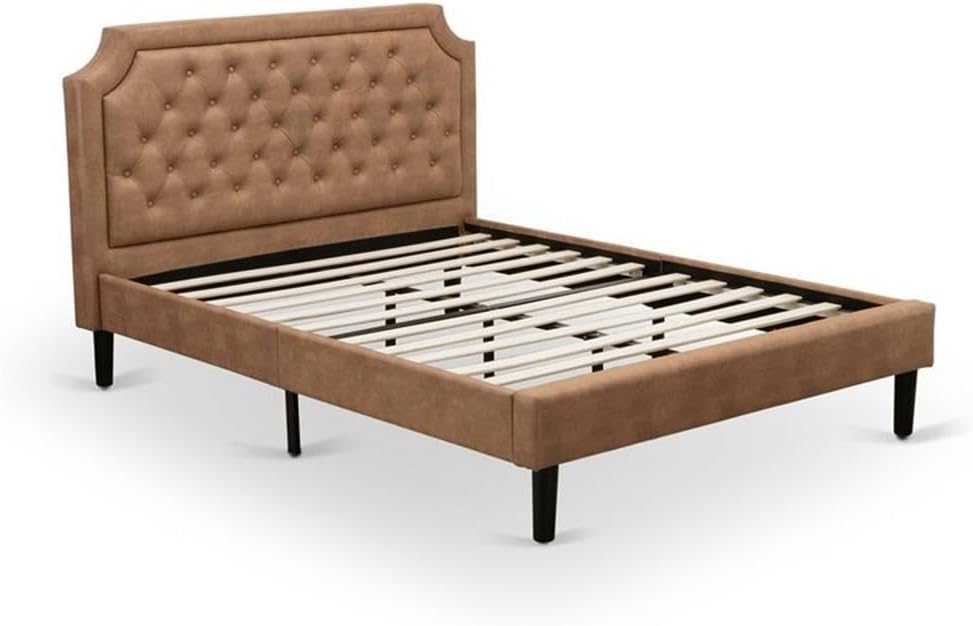 East West Furniture GB28Q-1BF07 2-Piece Granbury Queen Bedroom Set with Button Tufted Modern Bed and 1 Distressed Jacobean Mid Century Nightstand - Brown faux Leather with Brown Texture and Black Legs