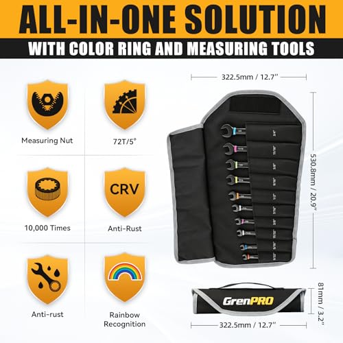 Image of GRENPRO Ratchet Wrenches Set, Ratcheting Wrench Set With Roll Up Pouch, 11PC SAE Large Small 9 /32 To 3 /4 Long Open End Socket Wrench Organizer With Color Ring & Gauge, Big Combination Wrench Tool Sets