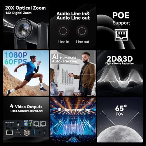 Image of TONGVEO AI Auto-Tracking PTZ Camera: 20X Optical Zoom 1080P 60fps HDMI SDI USB PoE Video Camera for Church Worship Live Streaming, Conference Room Webcam for OBS