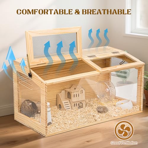 Hamster Cage 32" Wooden Chewproof, 270° View Large Habitat with Bite-Proof Metal Mesh & Top Dual Access Doors, Acrylic Sheets & Solid Build for Dwarf Syrian Hamsters/Gerbils/Guinea Pigs/Chinchillas - Image 5