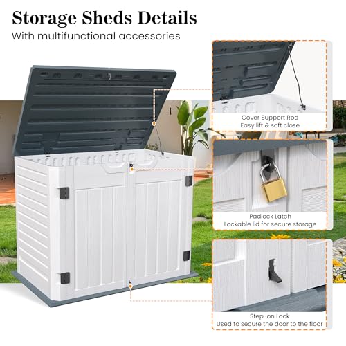 Image of UDPATIO 35 Cu.Ft Horizontal Outdoor Storage Shed, Resin Outdoor Cabinet Waterproof & Lockable for Generator, Garbage Can Garden Tools, White, White & Grey Trim