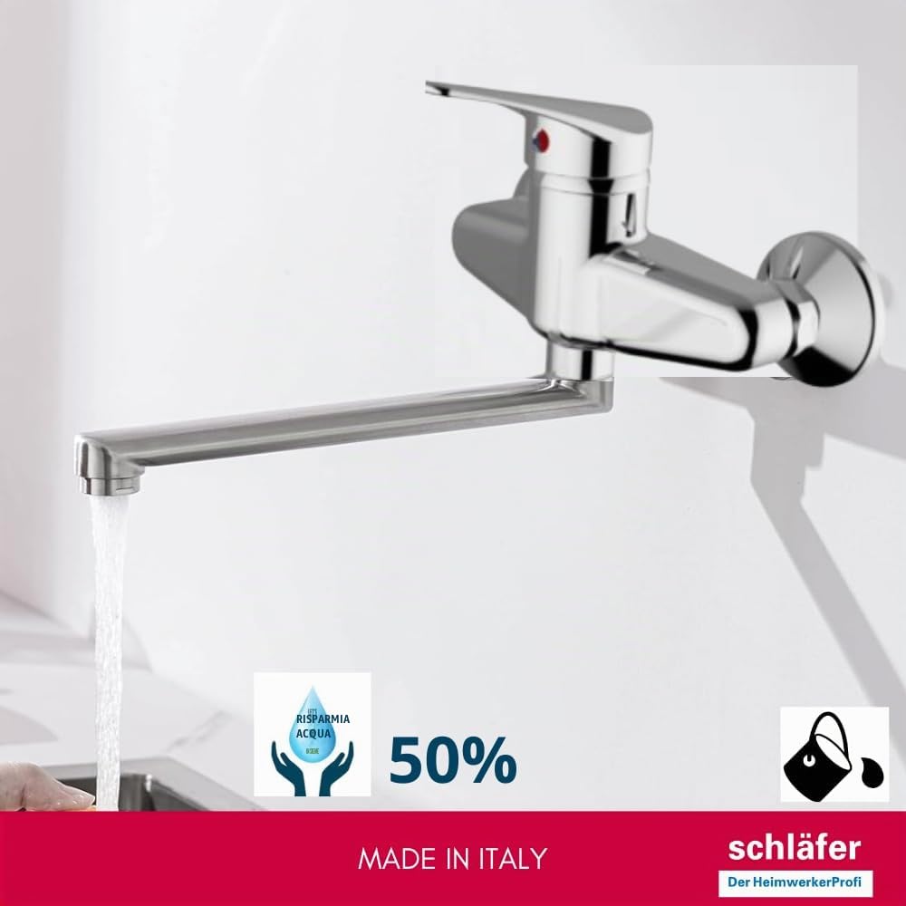 Schläfer 480110 | Miscelatore Lavello a Parete Start Cromo con canna girevole, Adatto la per Cucina, Bagno, Lavanderia, Rubinetto a Muro eccentrici a S - int. fori 15/17 cm