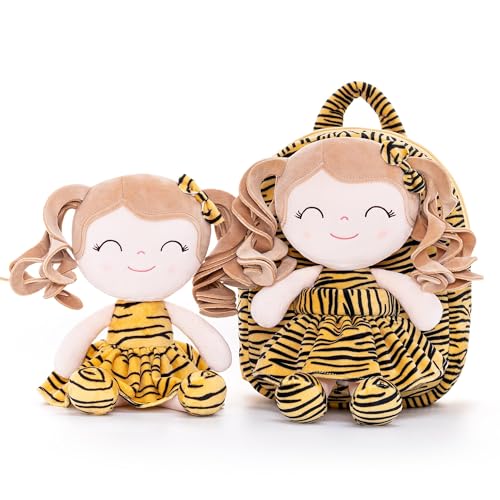 Image of Gloveleya Toddler Backpack Baby Girl Gifts Curly Hair Plush Figures Dress Backpack Kids Backpack Curly Hair Animal Backpack - Tiger 9inches