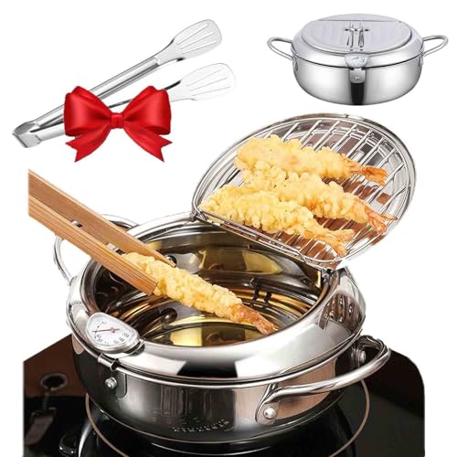 clhjinruoliu Olla para freír de Acero Inoxidable con termómetro y escurridor de Goteo de Aceite, Olla de freidora 304, Olla de freidora sin Recubrimiento para Papas Fritas, Papas Fritas, Pollo,4.2L