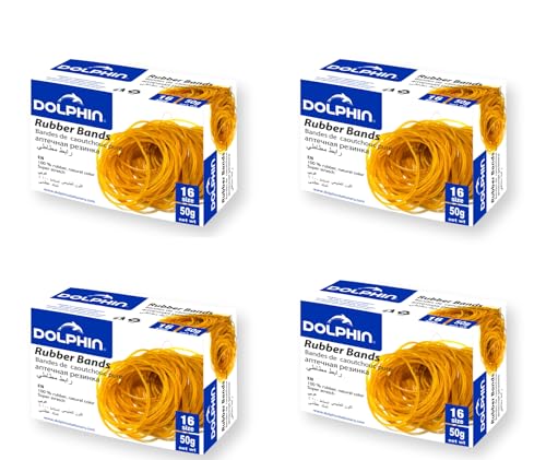 Dolphin 100% Pure Rubber Bands Size 16 Natural 4-Pack (50g x 4) Strong & Stretchable for Office School & Home Use Made in Thailand