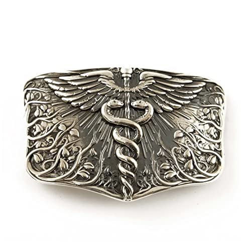 Medical belt buckle Caduceus, Handmade physician Medical Corps solid 925 Sterling Silver belt buckle