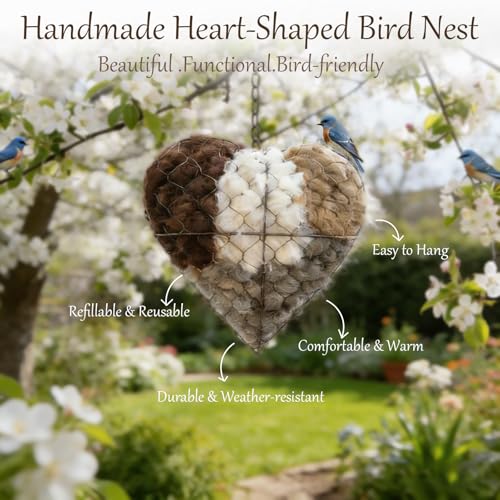 Handmade Fiber Bird Nesting Heart, Alpaca Fiber Bird Nest, Refillable Birds Haven 1 Heart Shape Nest and 3 Bags of Nest Materials, Winter Fowl Gifts Animal Hummingbirds Lovers Home Garden Yard - Image 3