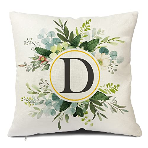 Snycler Monogram Letter D Throw Pillow Covers Floral 18X18 Inch, Greenery Spring Pillows Decorative Throw Pillows Pillowcase Summer Farmhouse Decor For Couch Sofa, Family Last Name Initial Pillow Case #TOP9