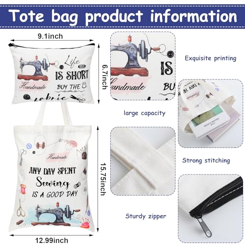 Abbylike 5 Pcs Sewing Gifts for Seamstress Women Gifts Canvas Bag Cosmetic Bag Quilting Coffee Mug Socks 11 oz Cup Quilter Keychain Funny Presents for Mom Quilters Sewing Lovers(White,Classic)2