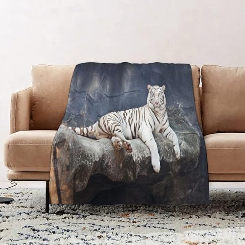 EOMKSE Mantas para Sofá de Franela Suave y Acolchada - Manta Polar Microfibra,Manta de sofá,de Cama o de Sala de Estar,Tigre de Bengala Blanco Tumbado en el acantilado130x150cm