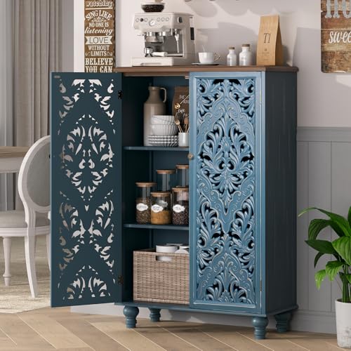 Image of JOINICE 47 inch Tall Accent Cabinet with Carved Doors & Storage for Living Room | Vertical Storage for Dining Room,Bedroom, Carved Floral Design, Walnut Finish Top, Farmhouse /Rustic Style, Adjustable Shelves