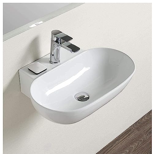 Image of Wall Mounted Wash Basin for Bathroom | Wall Hung Large Wash Basin /Ceramic Wash Basin /Vessel Sink (22.4 x 16 x 5.1 Inch, Orbit-7010)