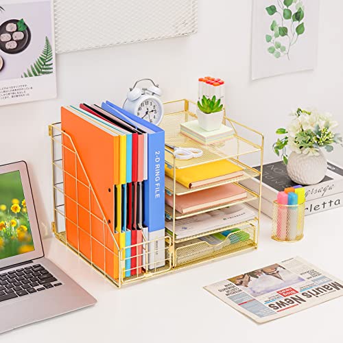 Image of Marbrasse Desk Organizer with File Holder, 5-Tier Paper Letter Tray Organizer with Drawer and 2 Pen Holder, Mesh Desktop Organizer and Storage with Magazine Holder for Office Supplies (Gold 2p)